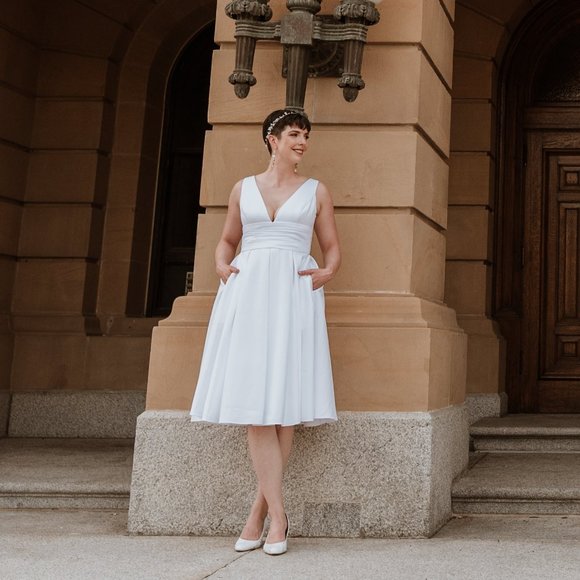 Satin V-neck Tea Length A-line White Wedding Dress - Picture 2 of 3